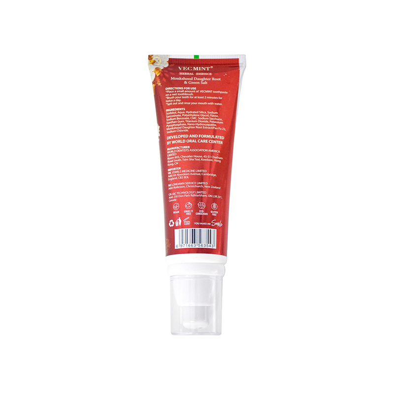 VECMINT นาโน - ยาสีฟันกรดไฮยอลูรอนิก - สูตรสมุนไพรที่มี Monkshood, รากลูกสาวและเกลือสีเขียว 100 มล